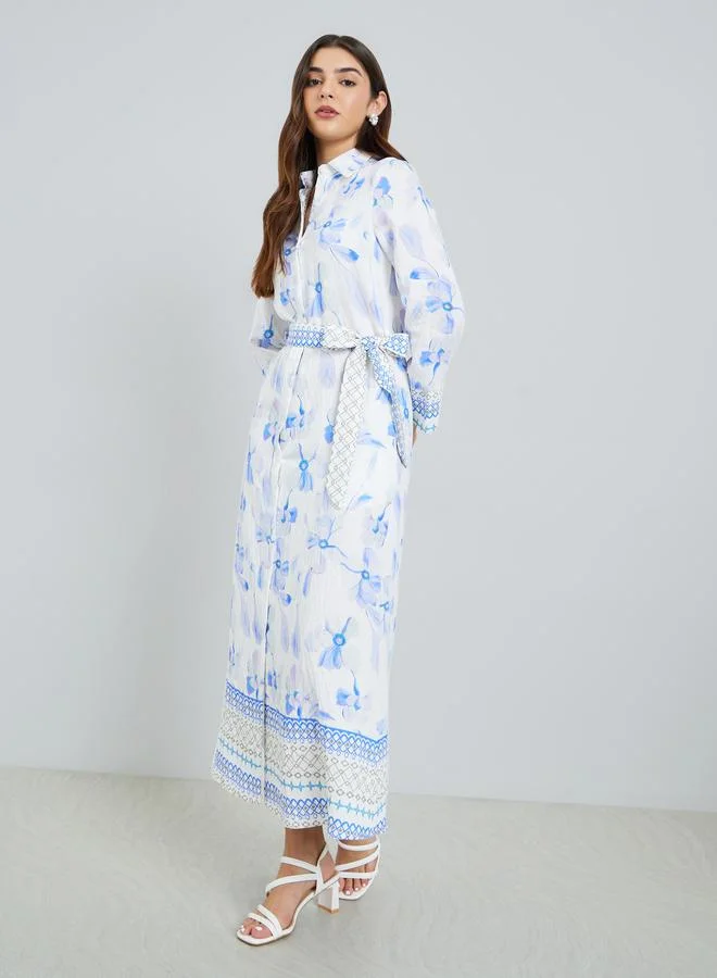 Women Blue Floral Print Collared A-Line Maxi Dress